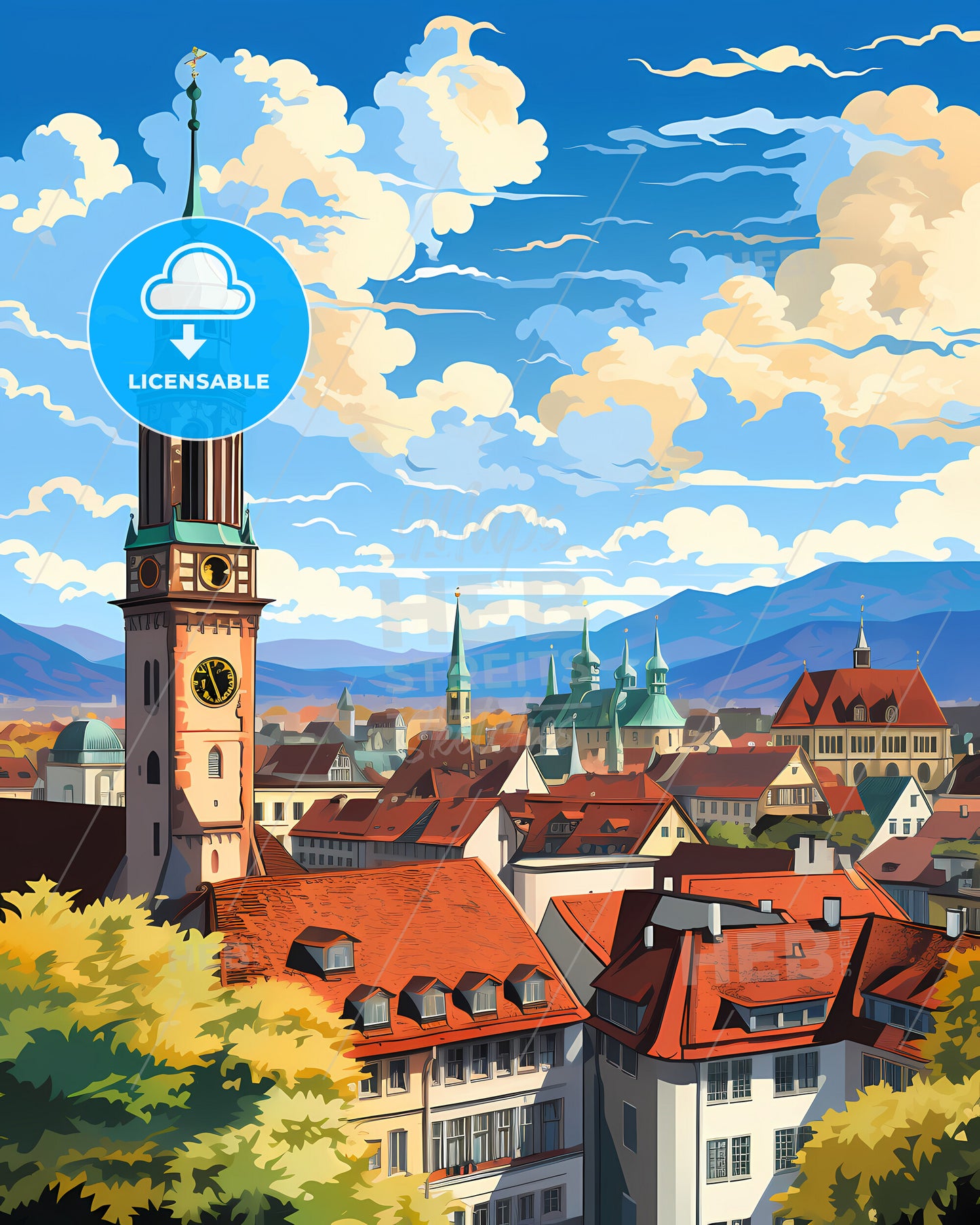 On The Roofs Of Munich - A Tower With A Clock On Top Of A Building