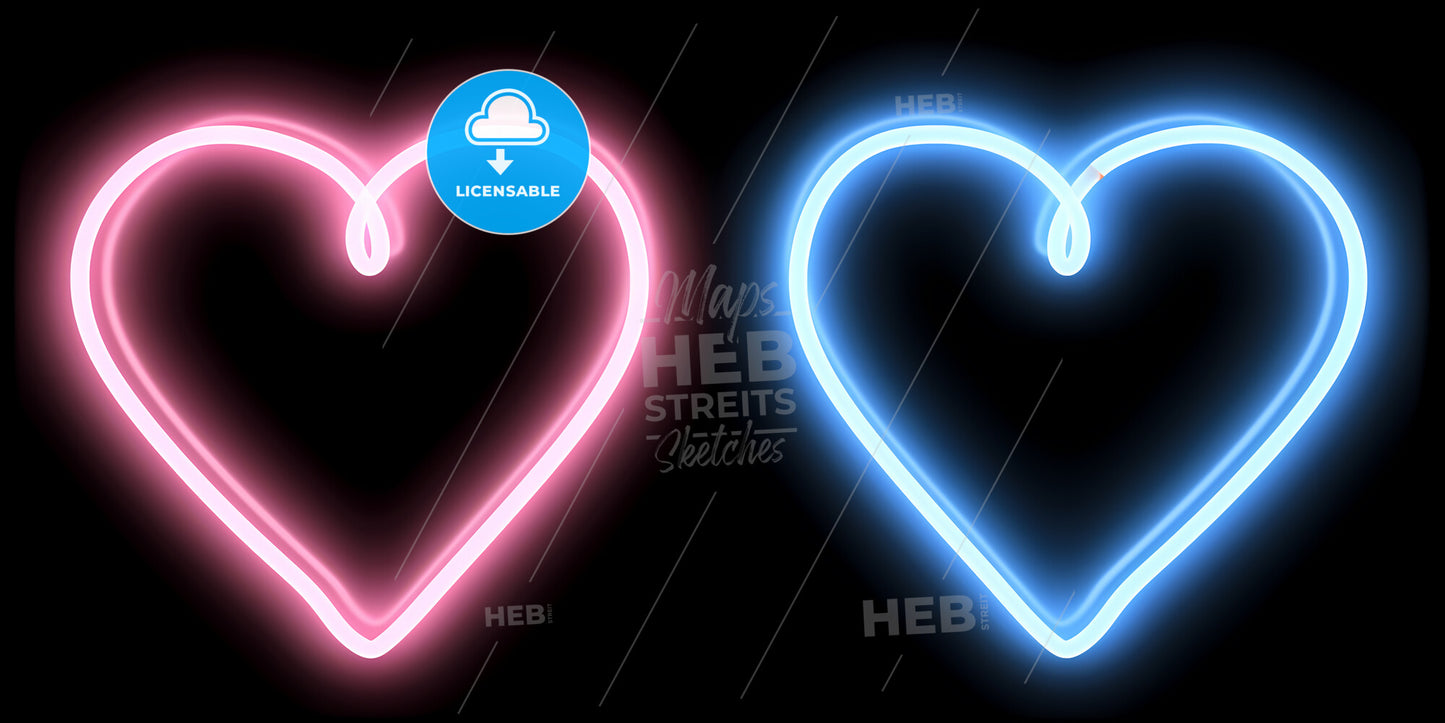 Pink Blue Neon Light Drawing, Couple Of Hearts, Romantic Symbols, Abstract Doodles Isolated On Black Background - A Pair Of Neon Hearts