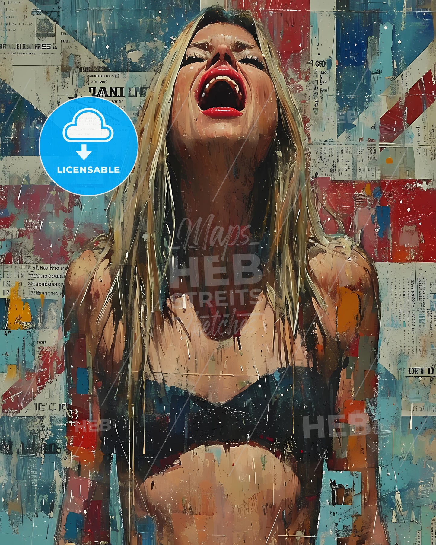 Fresco Mixed With Realism And Pop Art - A Woman In A Garment With Her Mouth Open