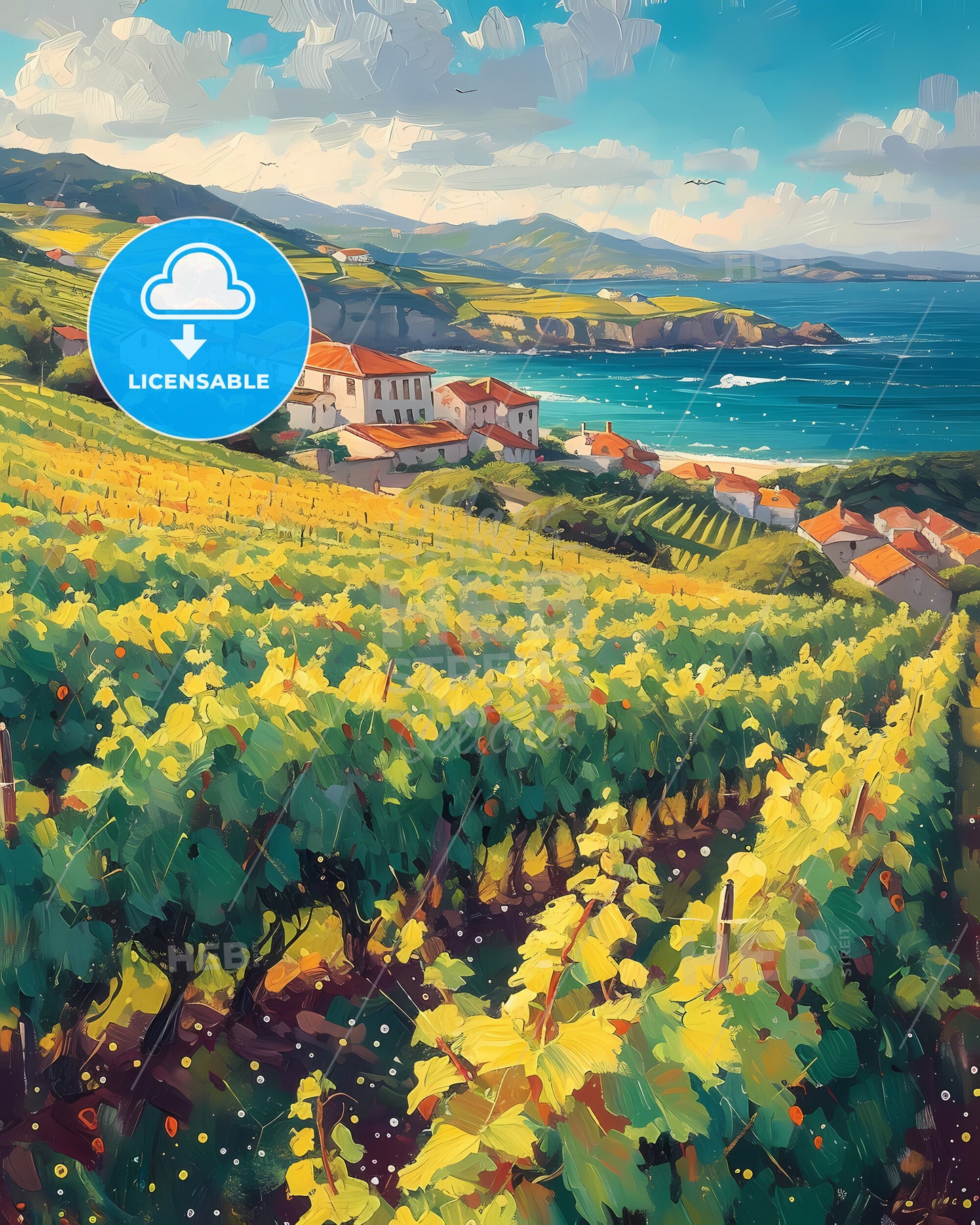 Rías Baixas, Spain - A Vineyard With Houses And A Body Of Water