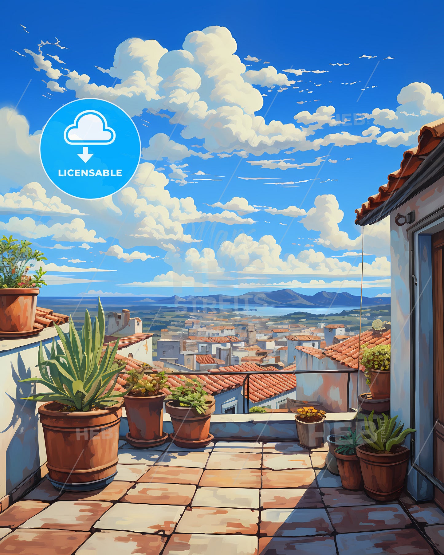 On The Roof Of Galapagos, Ecuador - A Rooftop With Potted Plants And A City In The Background