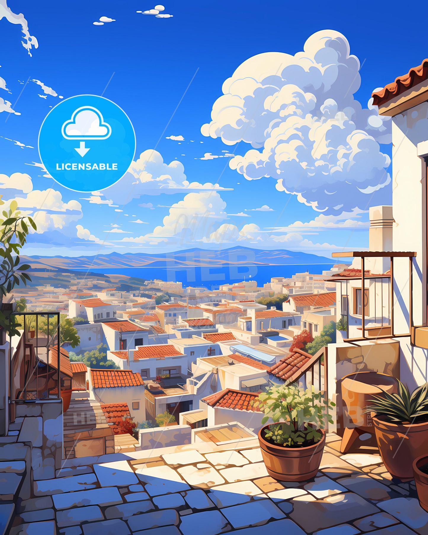 On The Roof Of Santorin, Greece - A View Of A City From A Balcony