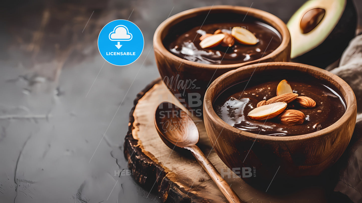 Nutritious Plant-Based Smoothie With Almonds, Chocolate, And Avocado - A Bowl Of Chocolate Pudding With Nuts And A Spoon