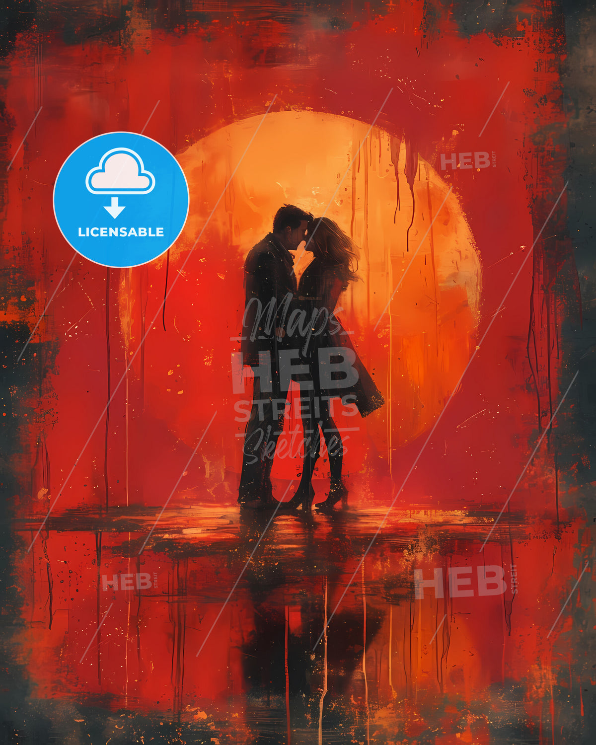 Illustration For Valentine's Day - A Man And Woman Kissing In Front Of A Red Moon