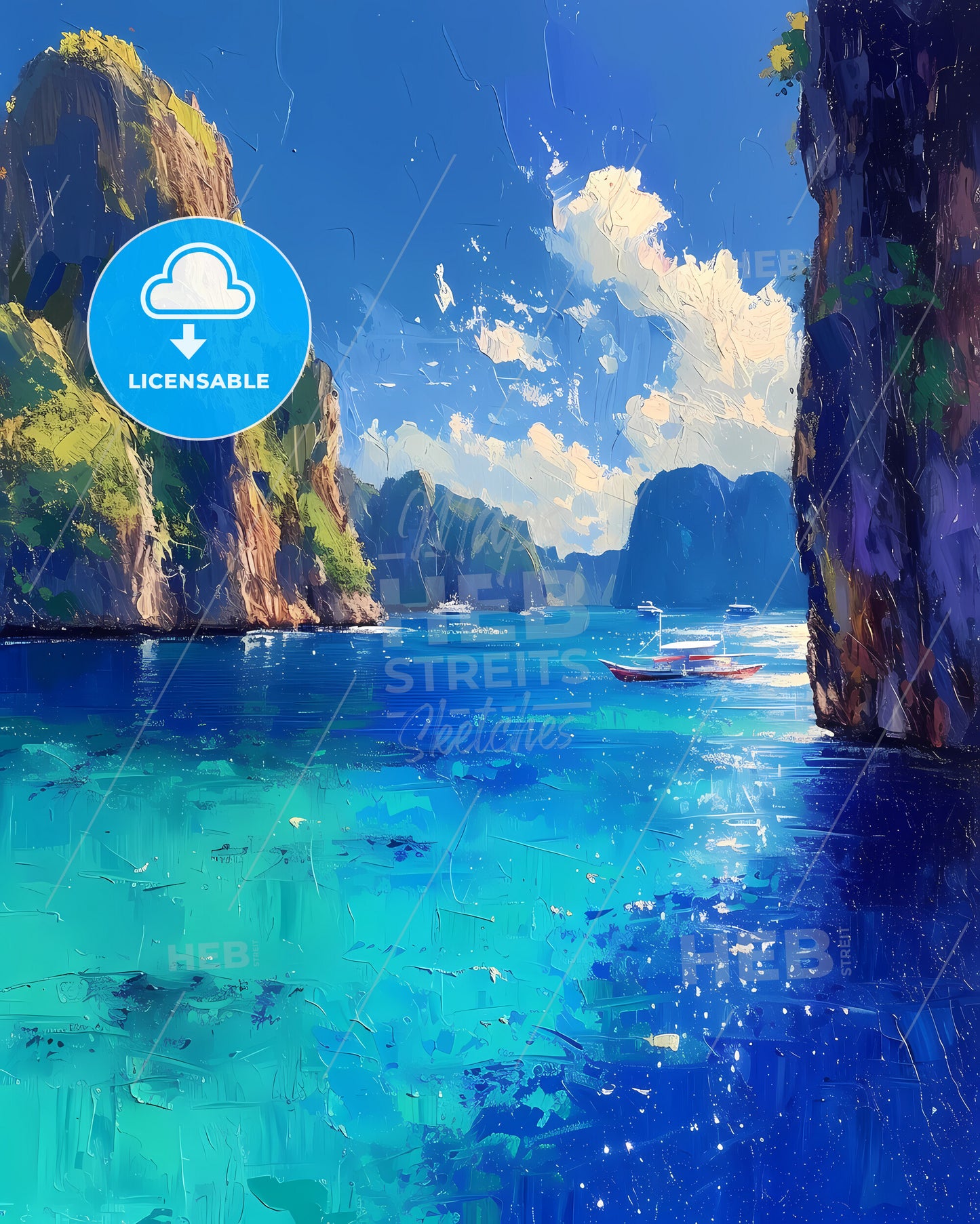 Palawan Lagoons, Philippines - A Painting Of A Boat In The Water