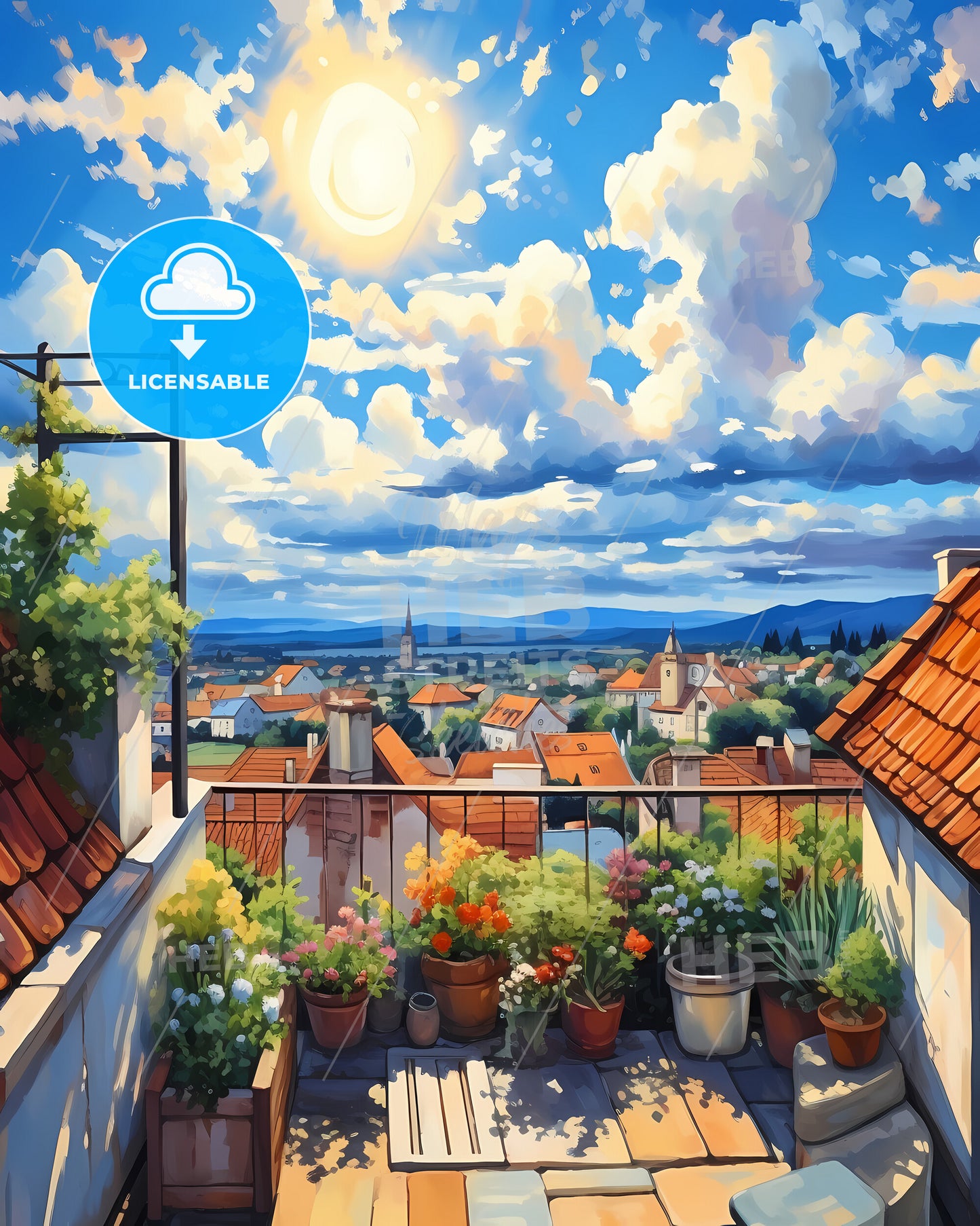 On The Roofs Of Weimar - A Rooftop Garden With Plants And A View Of A Town