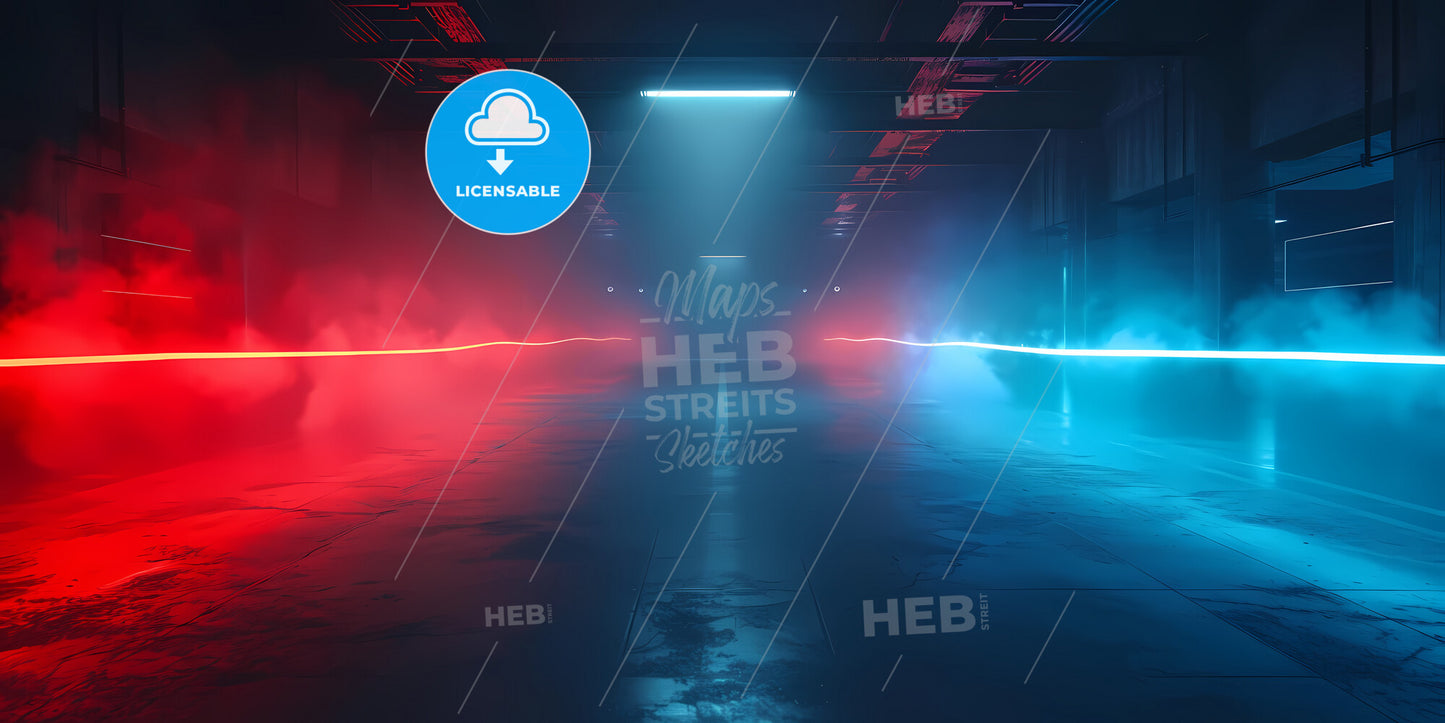 Abstract Panoramic Background Of Curvy Dynamic Neon Lines Glowing In The Dark Room With Floor Reflection - A Blue And Red Light Streaks In A Dark Room