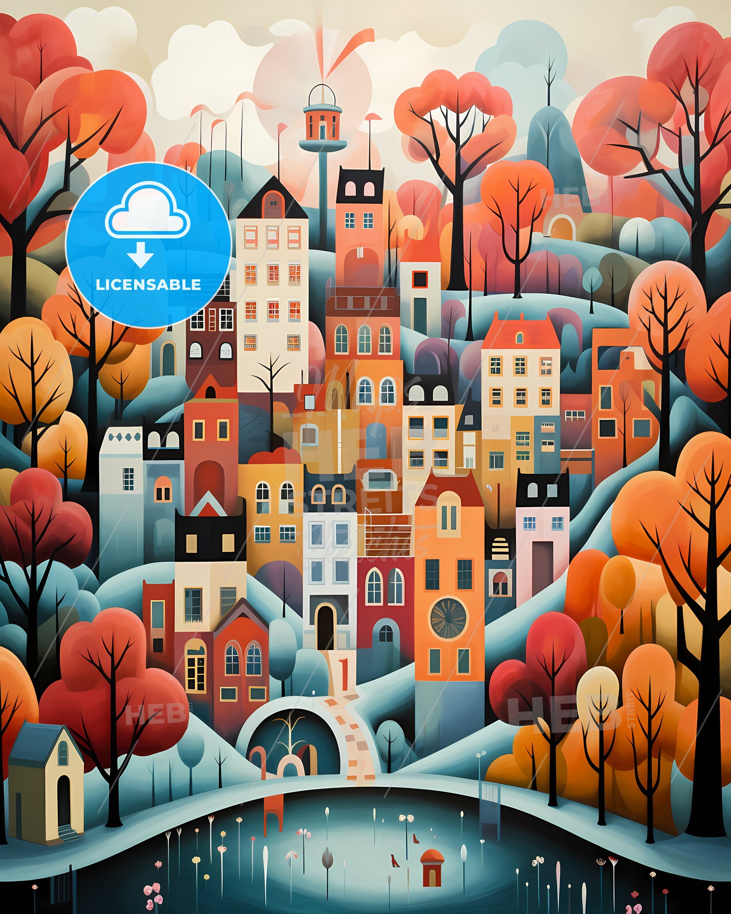 Utrecht, Netherlands - A Painting Of A City With Trees And A Bridge