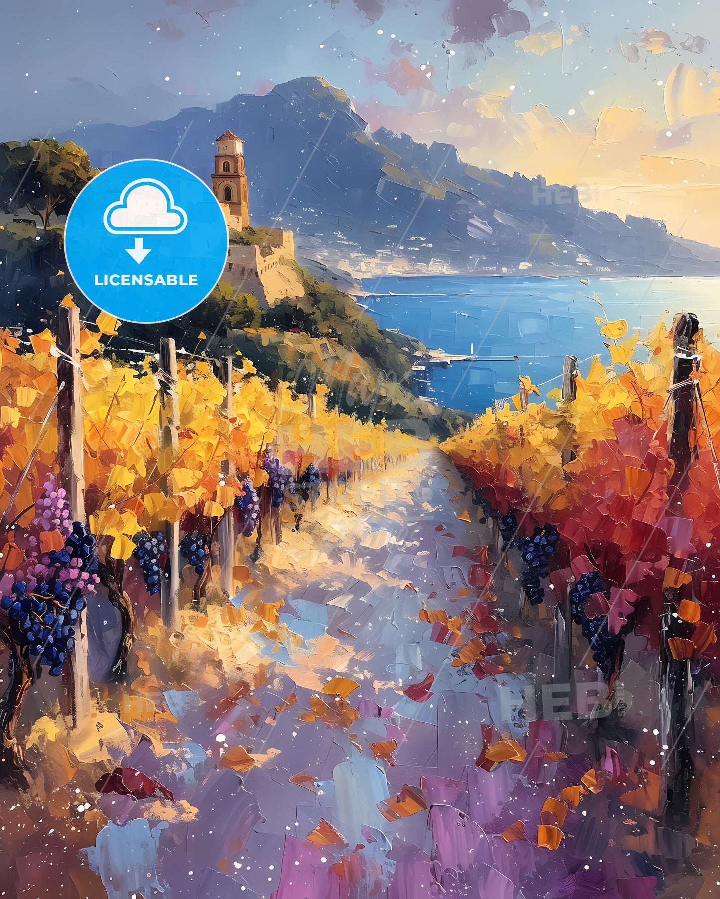 Campania, Italy - A Painting Of A Vineyard With A Building And A Mountain In The Background