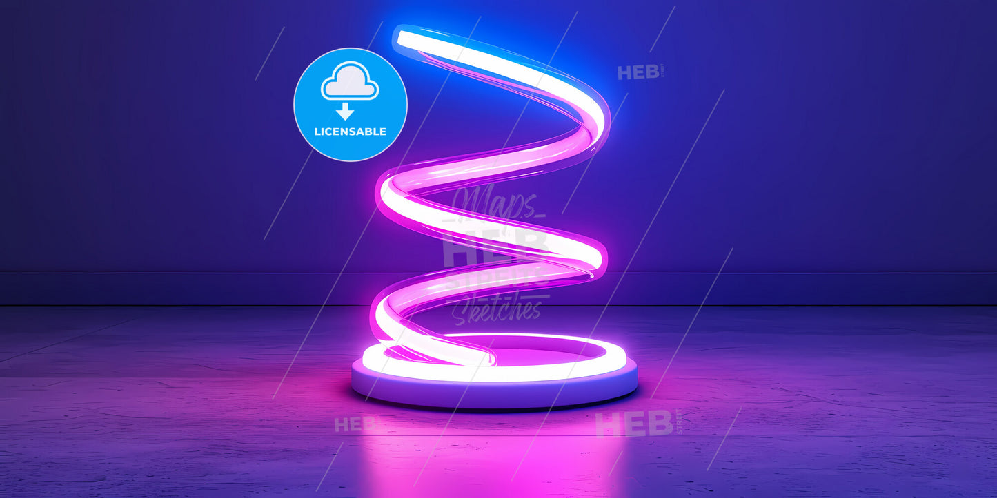 Abstract Panoramic Background Of Curvy Dynamic Neon Lines Glowing In The Dark Room With Floor Reflection - A Neon Spiral Shaped Object