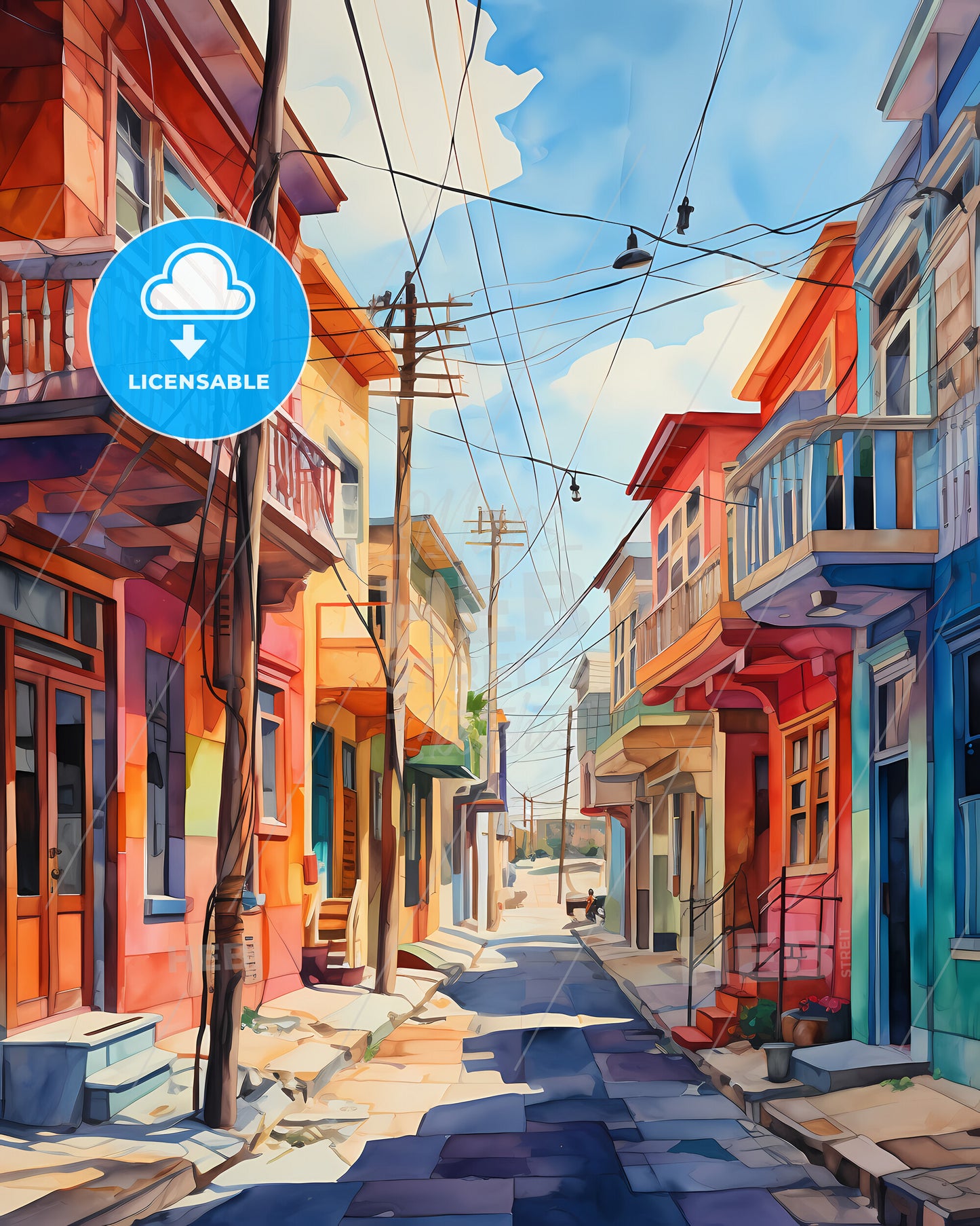 Nicosia, Cyprus - A Watercolor Of A Street With Colorful Buildings