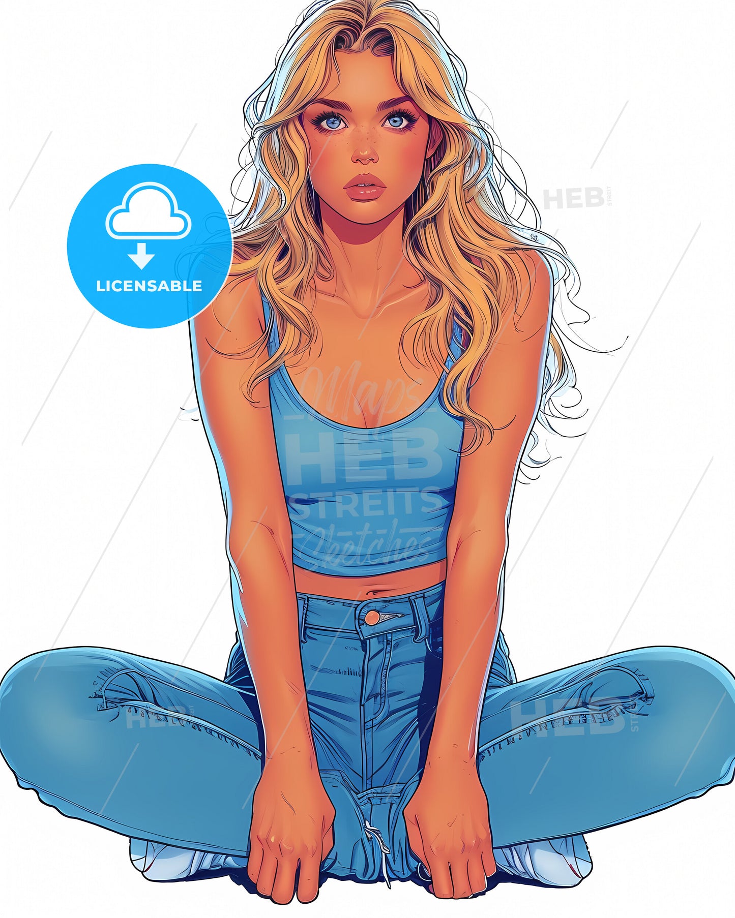 Sitting Pin Up Factory Worker Girl - A Woman Sitting Cross Legged