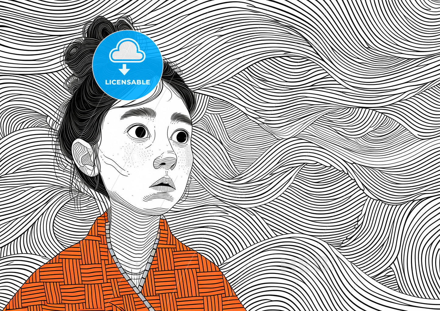 Miniature Style, Beautiful Woman With Red Robe On White Background, Big Eyes With Mascara - A Girl With A Hair Bun