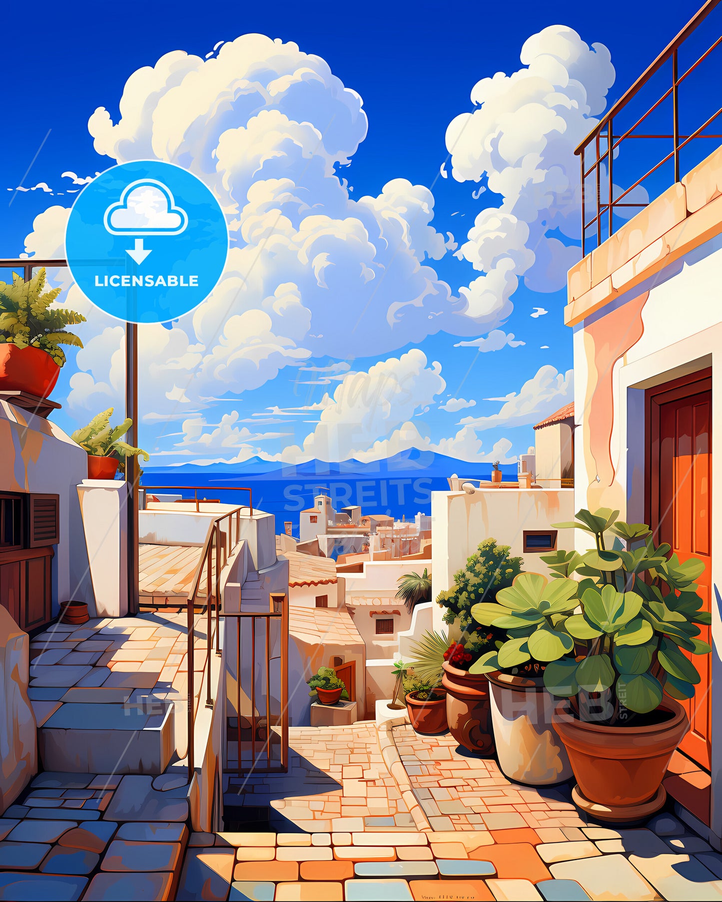 On The Roof Of Santorin, Greece - A Street With Plants And Buildings On The Side