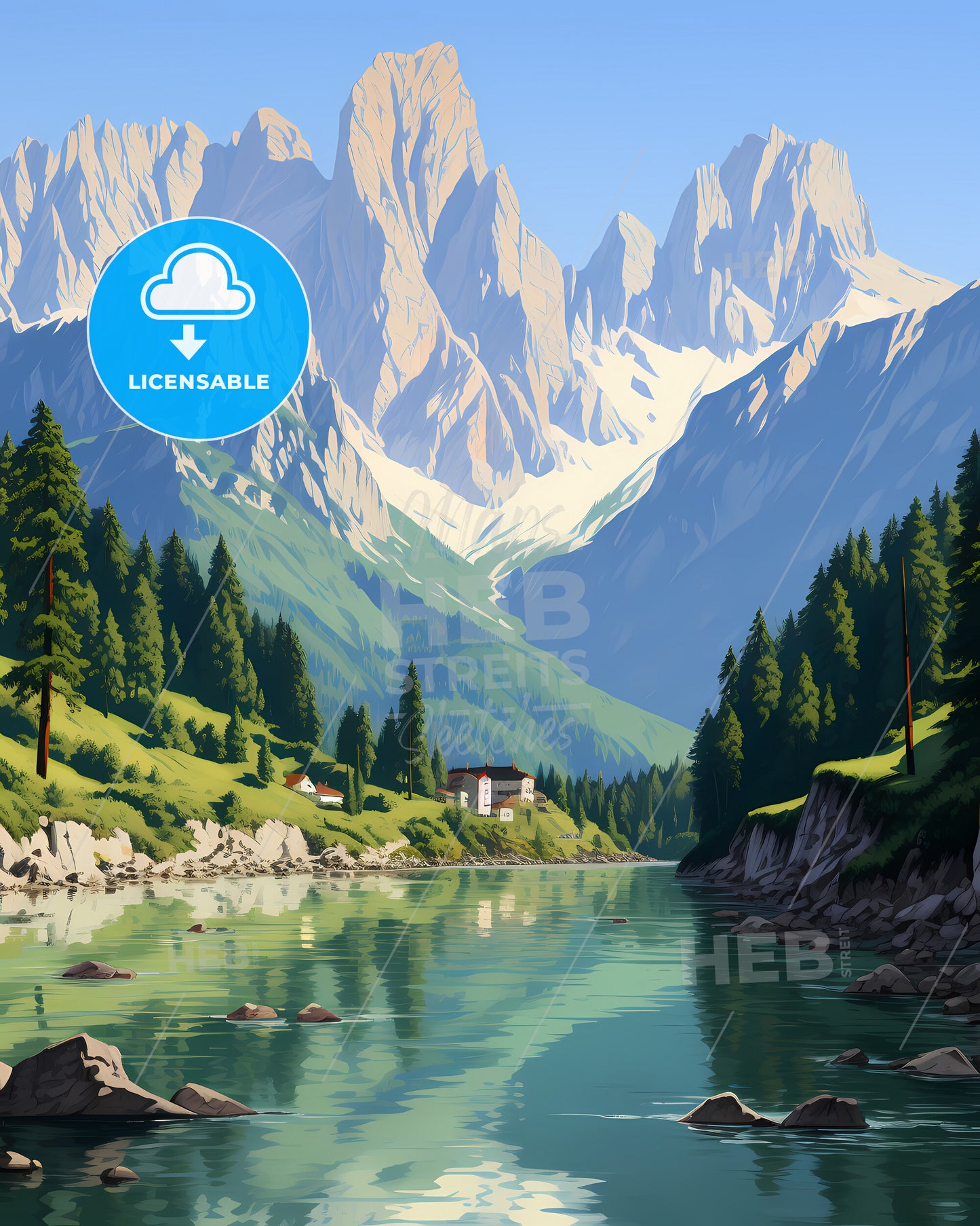 Advertising Poster To Announce Trips For Young People - A Mountain Landscape With A Lake And A House