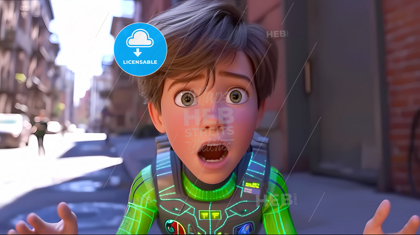 On The Billboard, A Poster Of A Cartoon Toy Catches The Eyes Of Children, Who Point Excitedly - A Cartoon Of A Boy