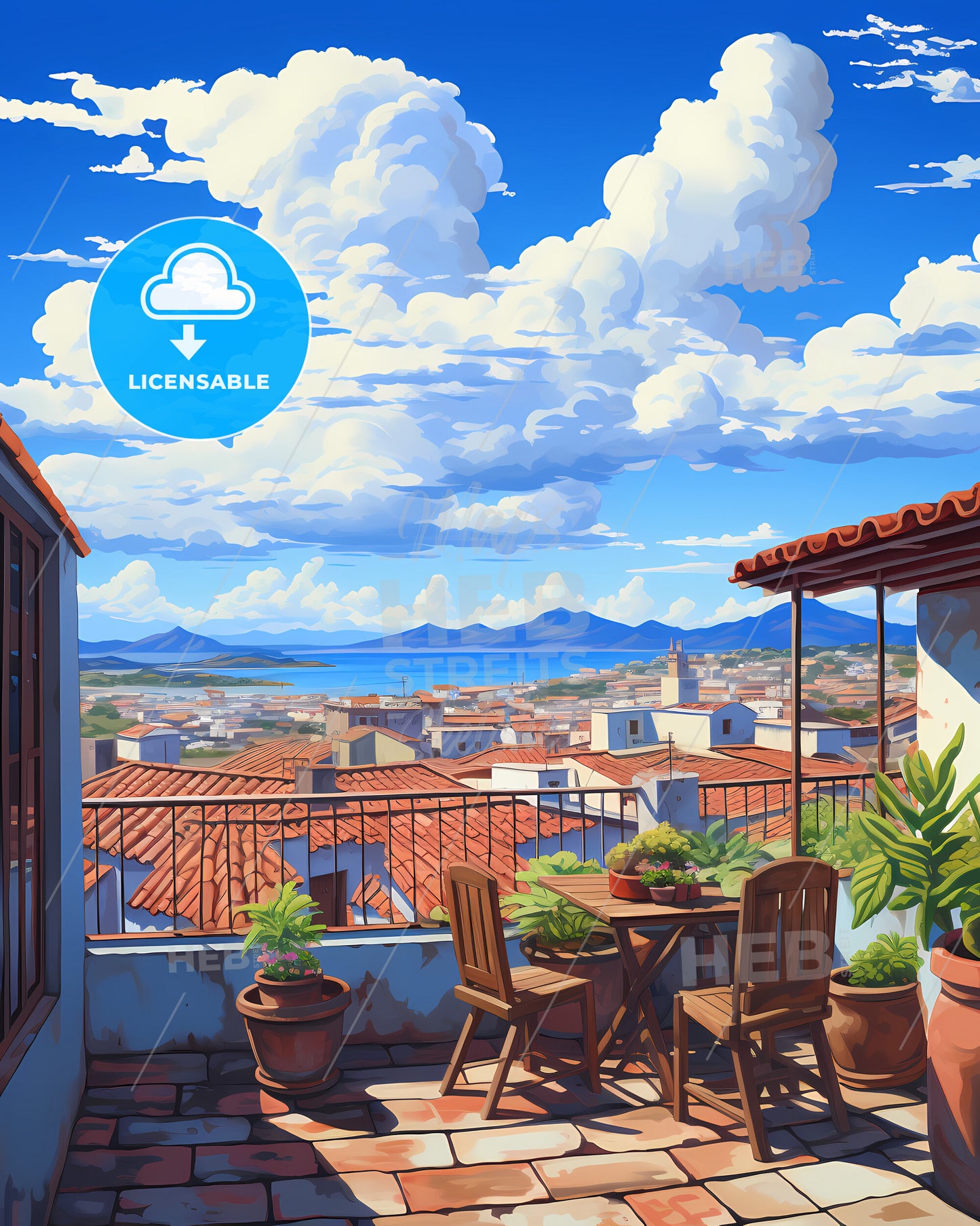 On The Roof Of Galapagos, Ecuador - A Balcony With A Table And Chairs And A View Of A City