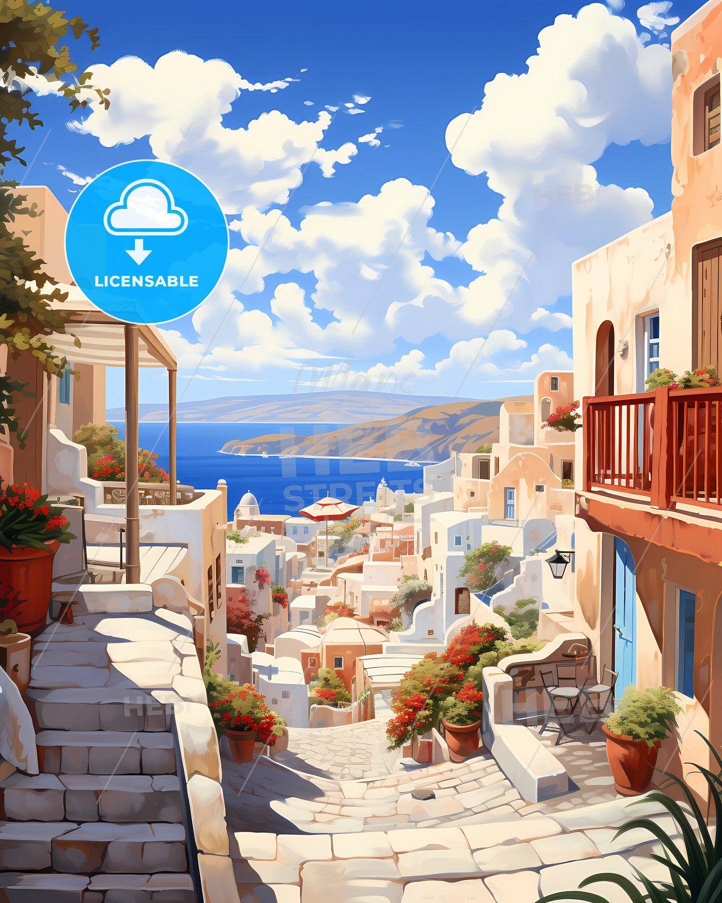 Santorin, Greece - A Street With Buildings And A Body Of Water