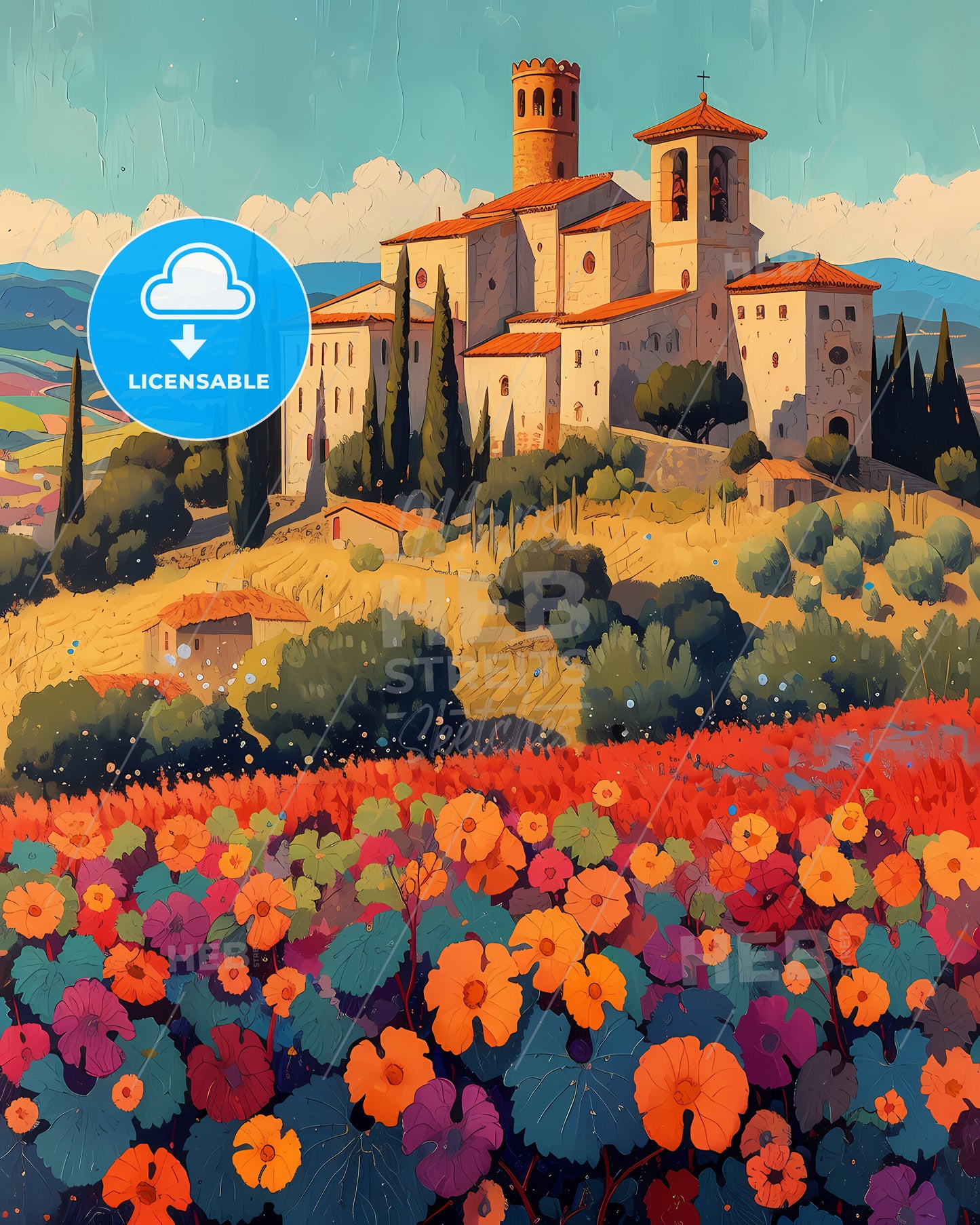 Catalonia, Spain - A Painting Of A Building On A Hill With Flowers