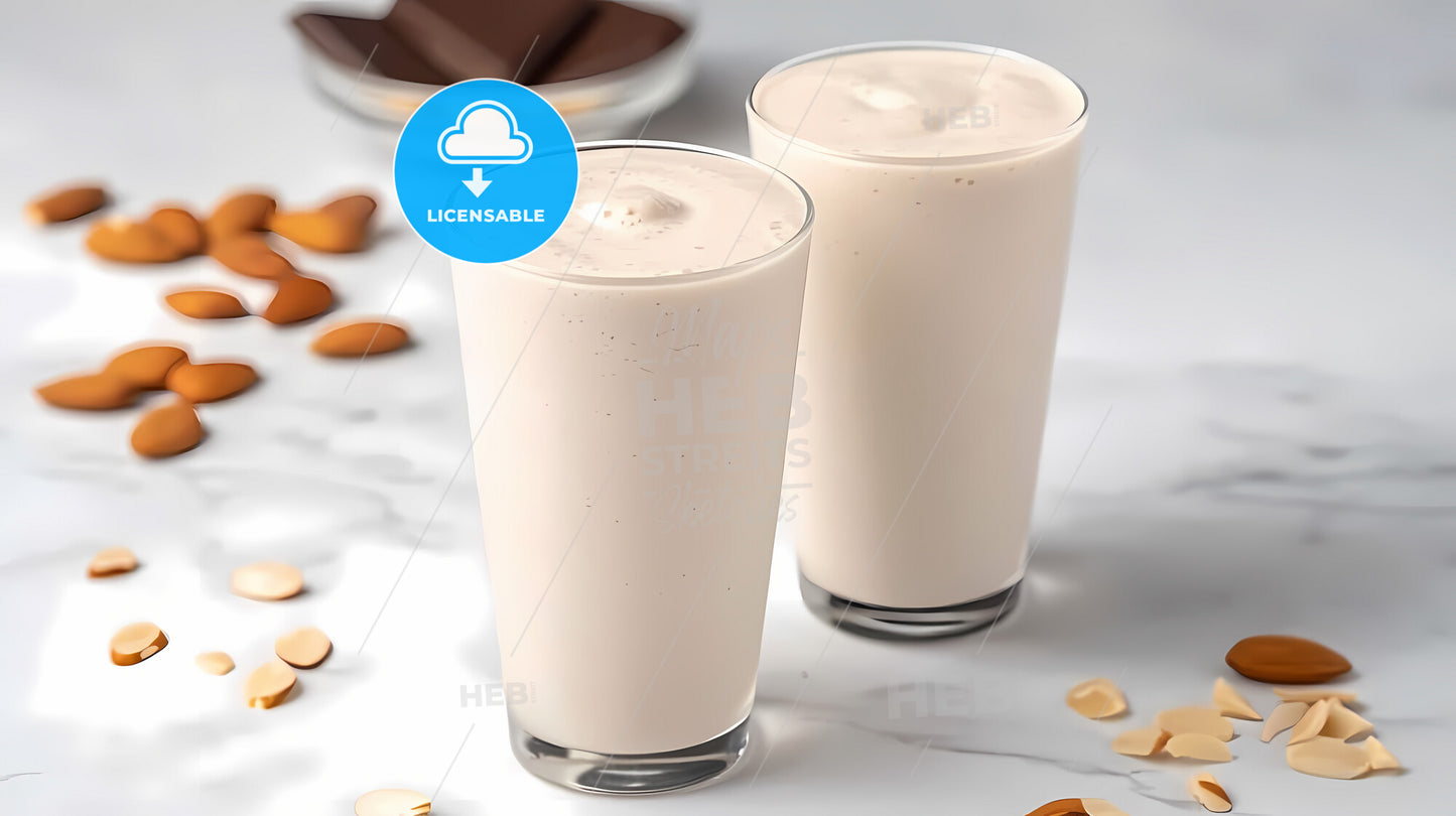 Nutritious Plant-Based Smoothie With Almonds, Chocolate, And Avocado - Two Glasses Of Milkshakes On A Marble Surface