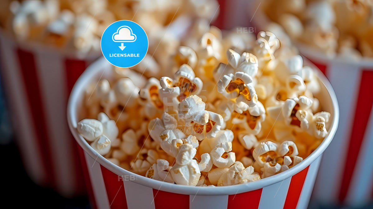Popcorn At The Movies - A Bucket Of Popcorn In A Red And White Striped Container