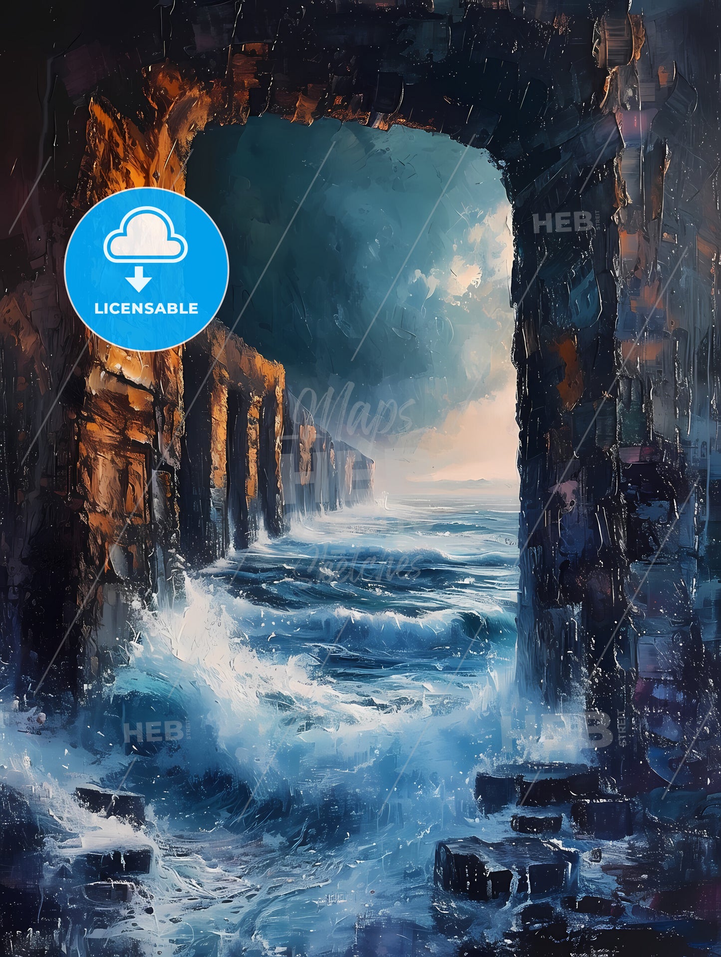 Fingal's Cave - A Painting Of A Sea And A Stone Archway