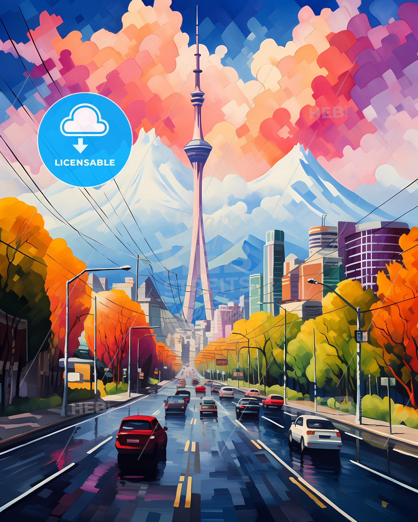 Almaty, Kazakhstan - A Road With Cars And Trees In Front Of A Tall Tower