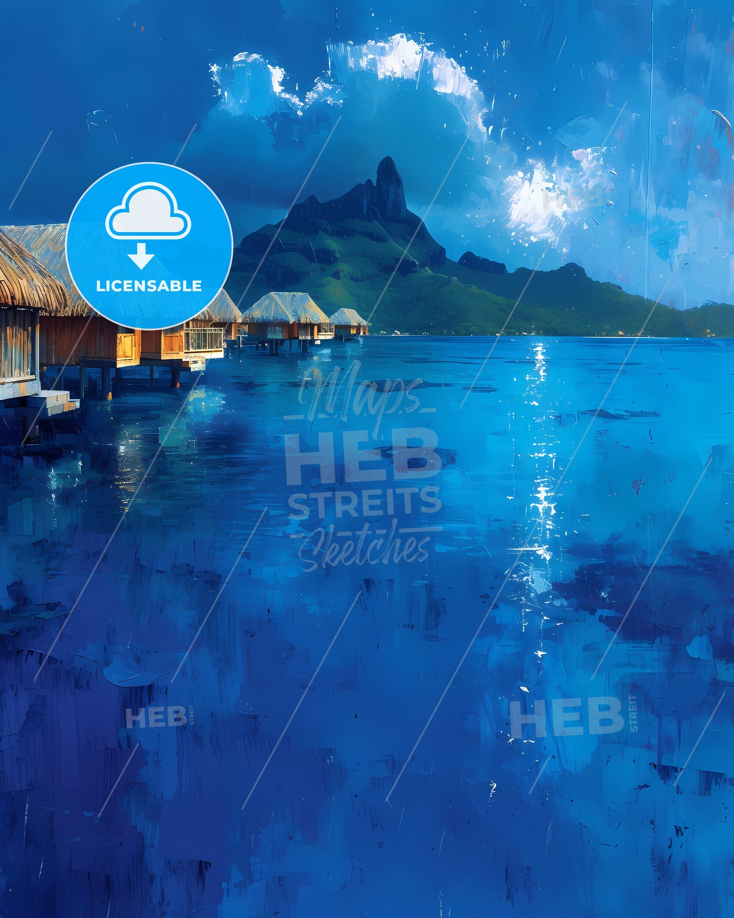 Bora Bora Lagoon, French Polynesia - A Row Of Huts On Stilts Over Water