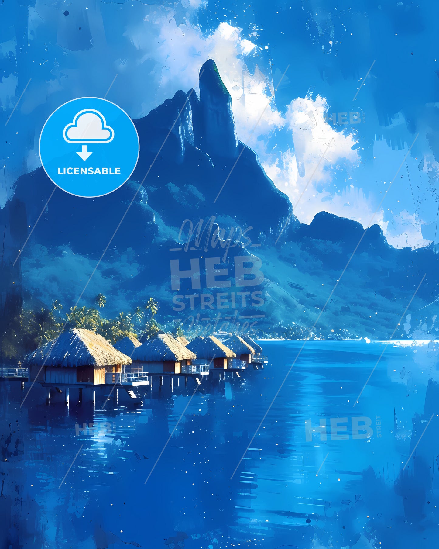 Bora Bora Lagoon, French Polynesia - A Group Of Huts On Water With A Mountain In The Background