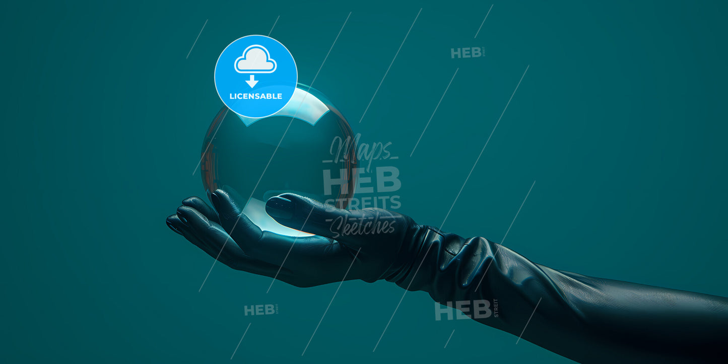 Abstract Metallic Human Arm, Glowing Neon Glass Ball, Isolated On Blue Background - A Hand Holding A Glass Ball