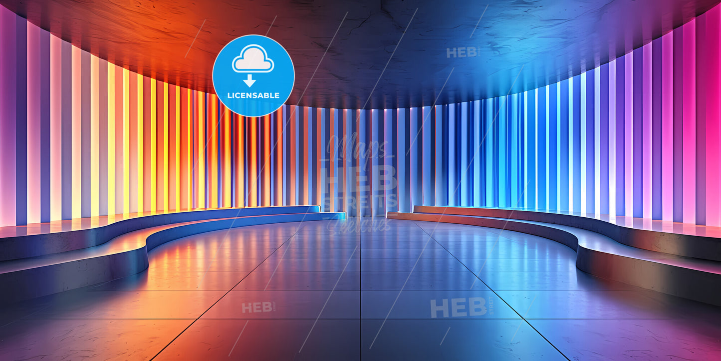 Abstract Panoramic Background Of Curvy Dynamic Neon Lines Glowing In The Dark Room With Floor Reflection - A Room With Colorful Lights