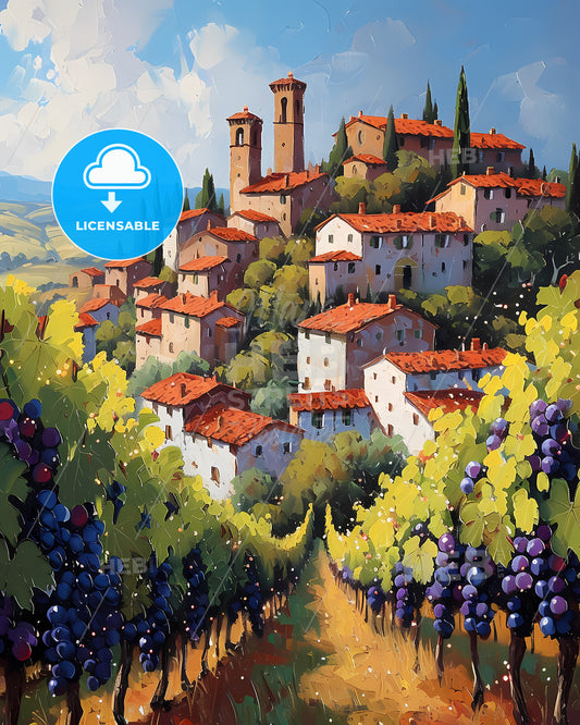 Tuscany, Italy - A Painting Of A Town With A Vineyard