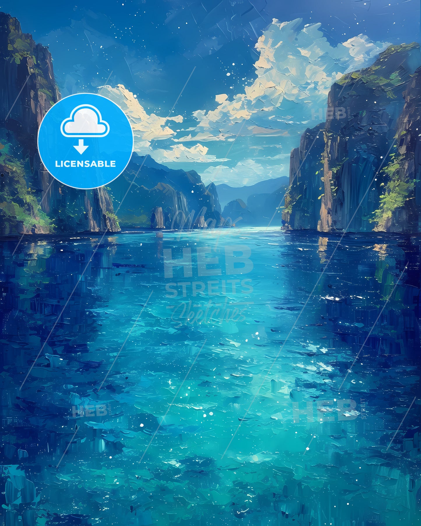 Palawan Lagoons, Philippines - A Painting Of A Body Of Water With Mountains And Blue Sky