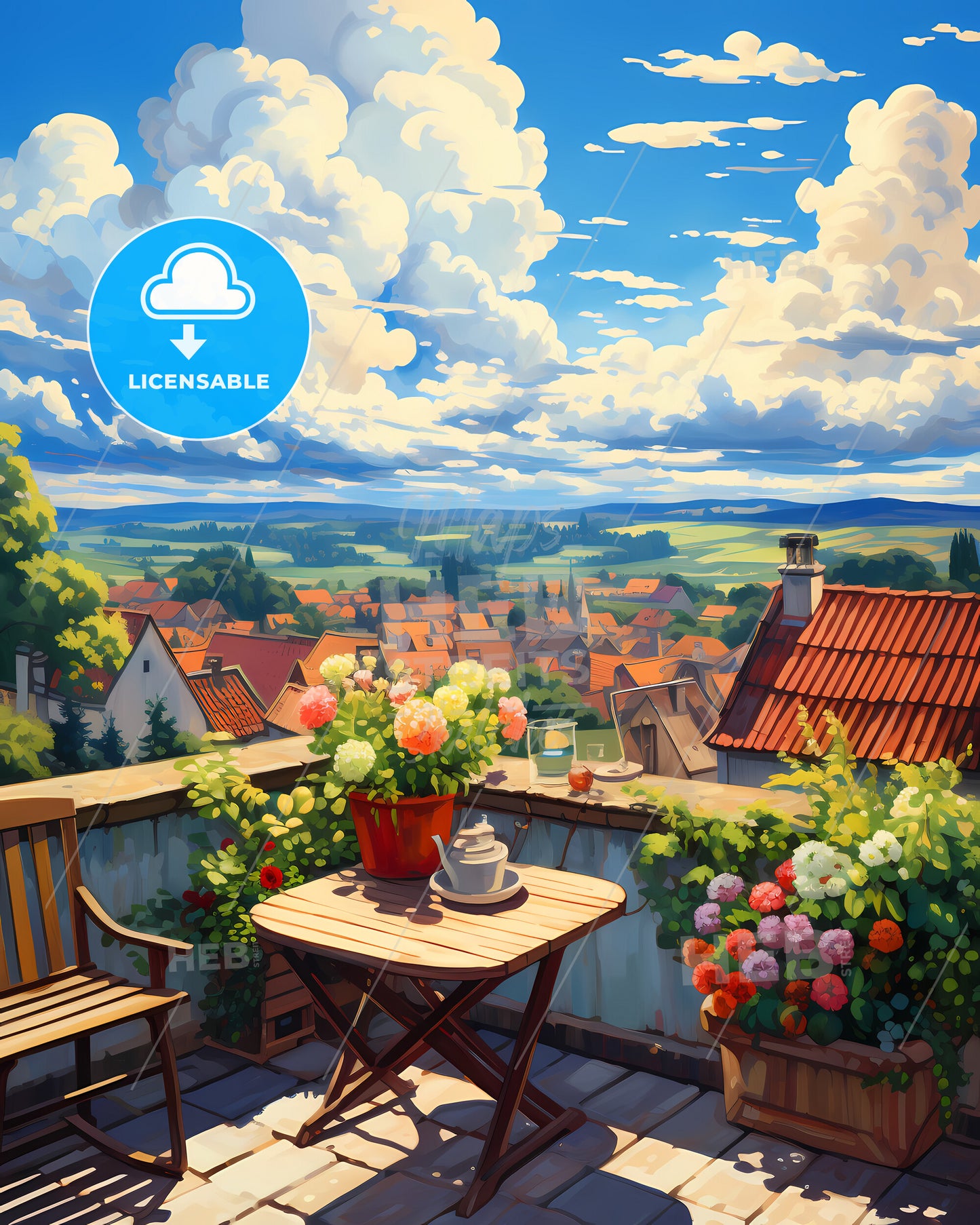 On The Roofs Of Weimar - A Table And Chairs On A Balcony With A View Of A Town And A Valley