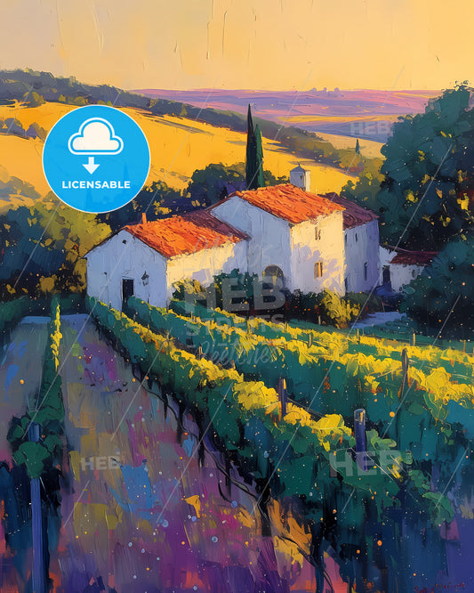 Sonoma County, Usa - A Painting Of A Vineyard And A House