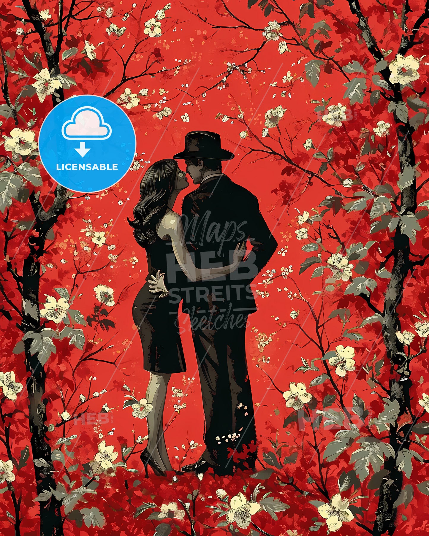 Illustration For Valentine's Day - A Man And Woman Kissing In A Garden