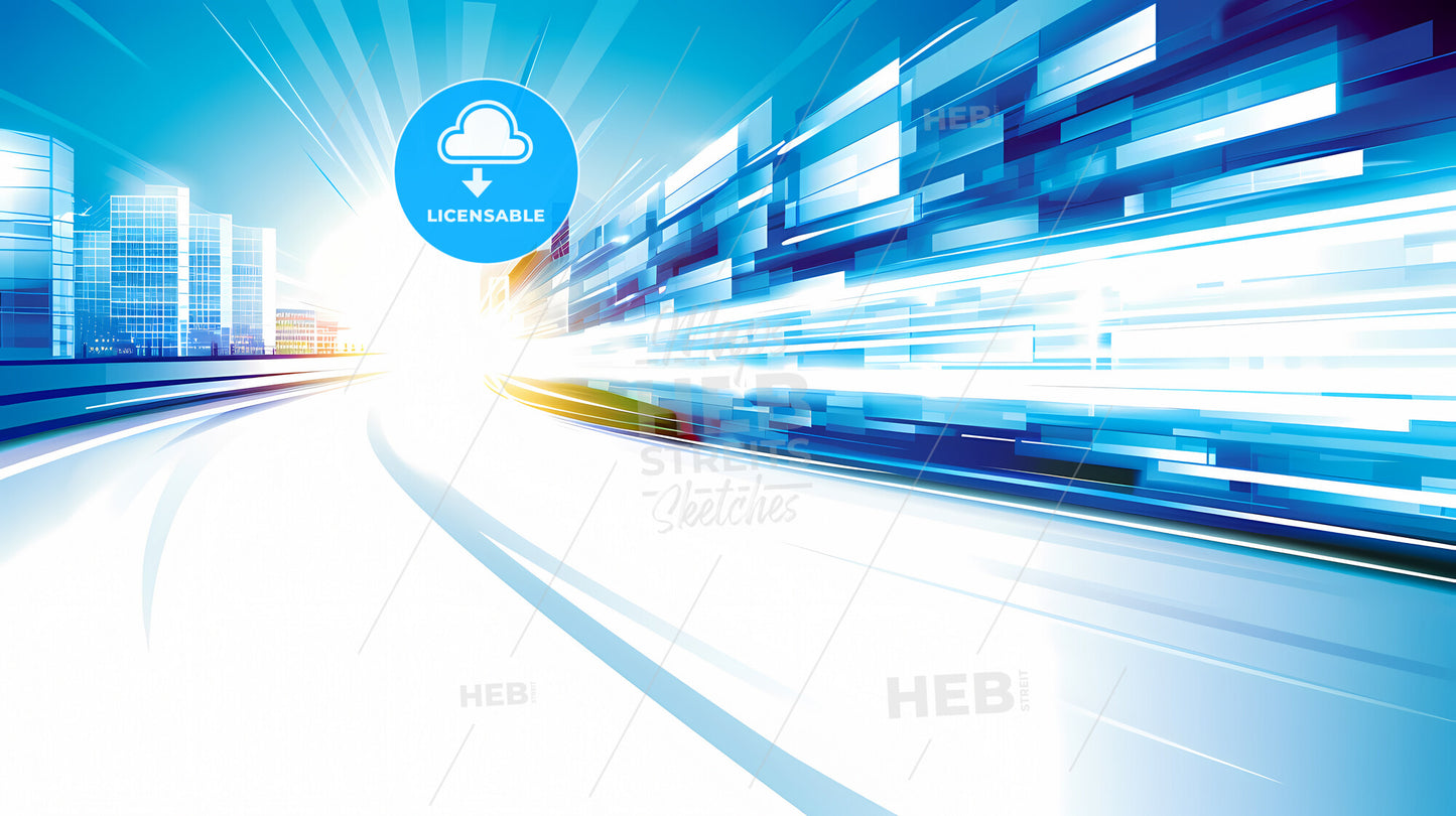 Background, Using One Color In Blue And White, And Using One Geometric Of Squares - A Road With A Bright Sun