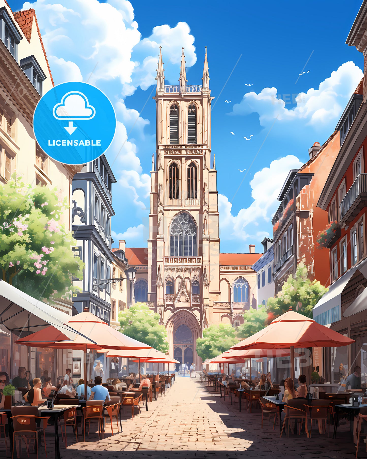 Limoges, France - A Street With Tables And People Sitting At Tables Outside