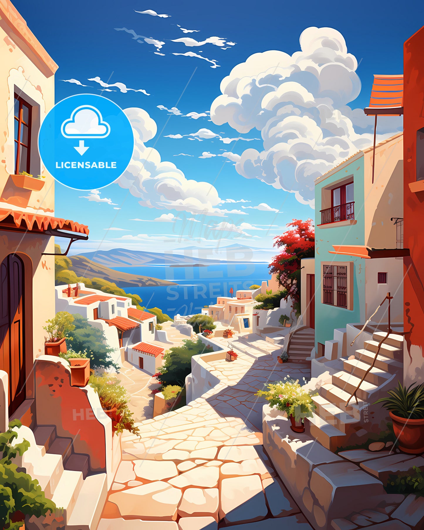Santorin, Greece - A Street With Buildings And A Body Of Water