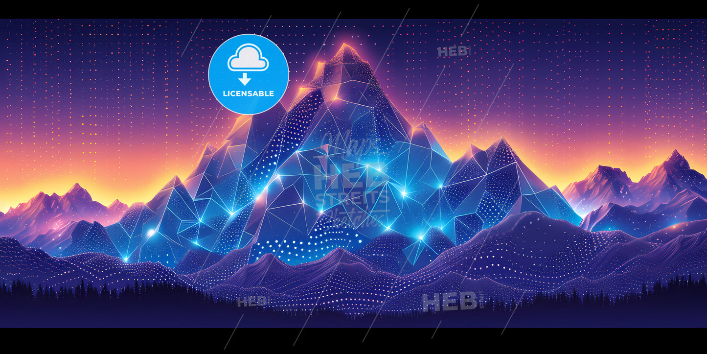 Abstract Background With Neon Numbers And Clouds - A Mountain With Lights On It