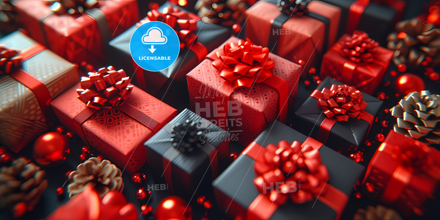 Abstract Black Friday Background - A Group Of Presents With Red Bows