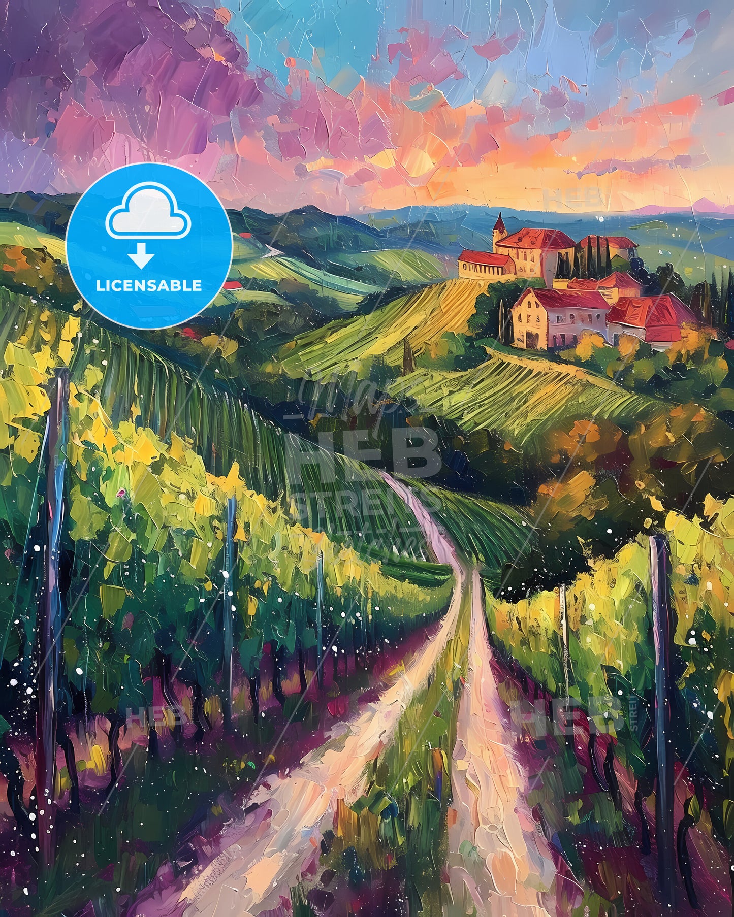 Rheinhessen, Germany - A Painting Of A Landscape With A Road And A House