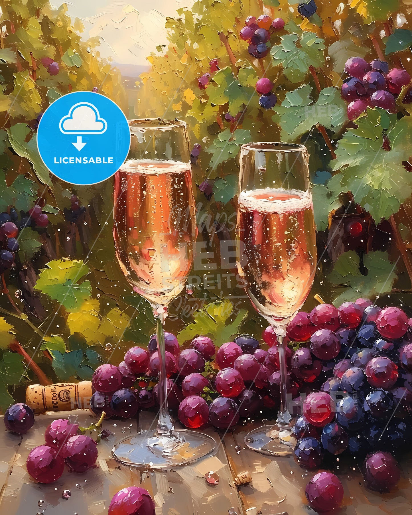 Champagne, France - Two Glasses Of Wine Next To Grapes