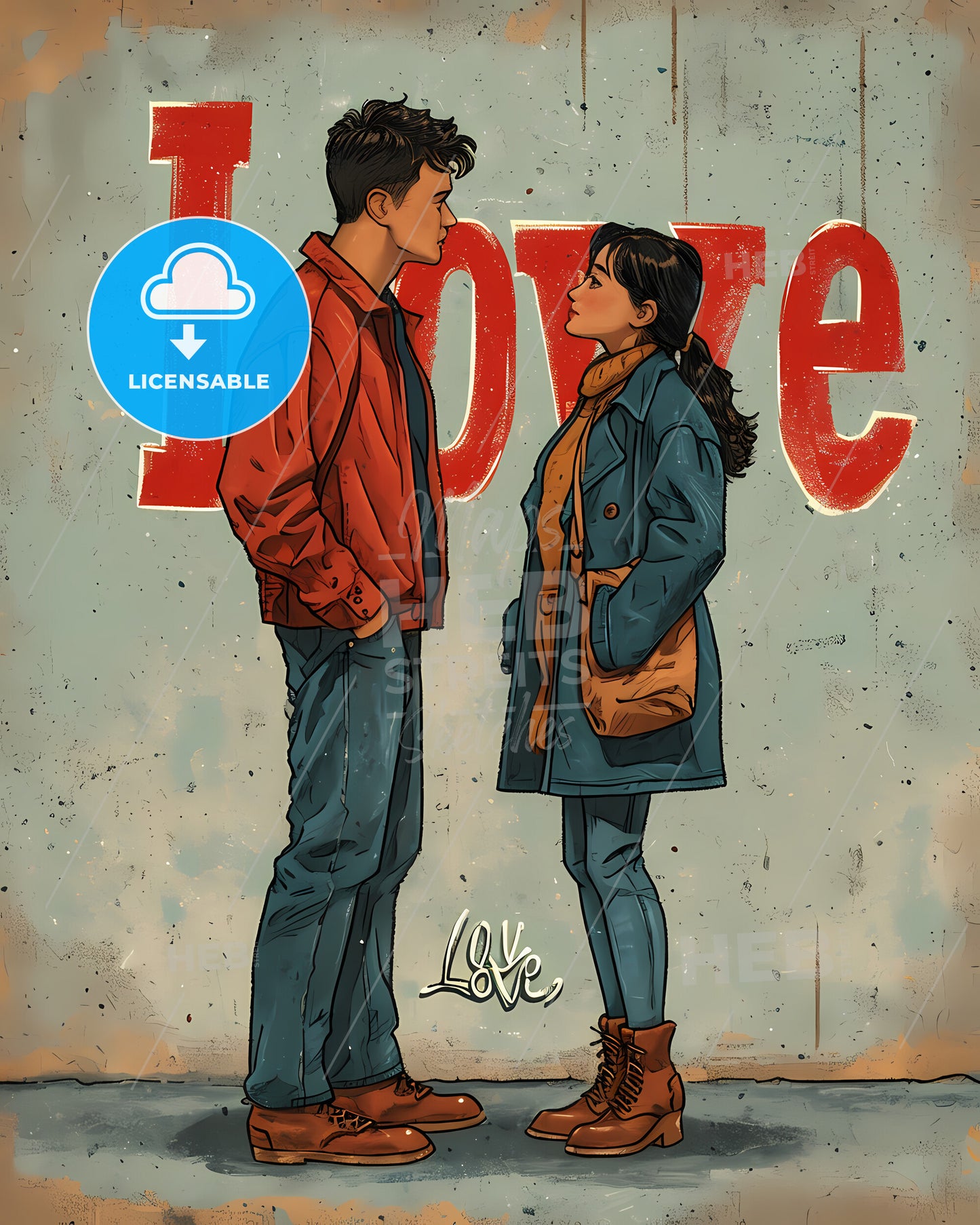 Cute Pastel Love Illustration - A Man And Woman Standing In Front Of A Sign