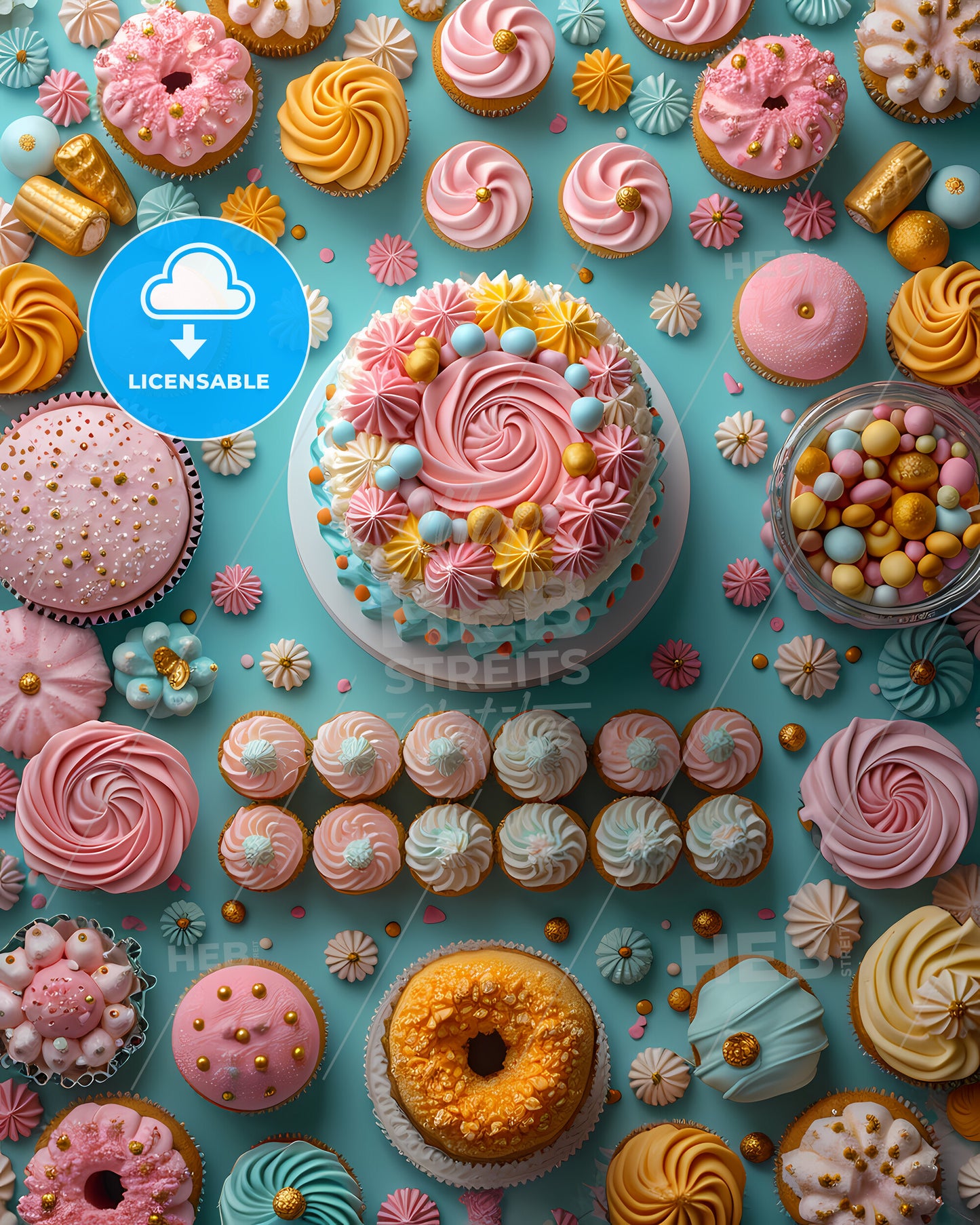 View From Above On A Laid Table, Birthday, Cake, Plates, Presents - A Group Of Cupcakes And Cakes