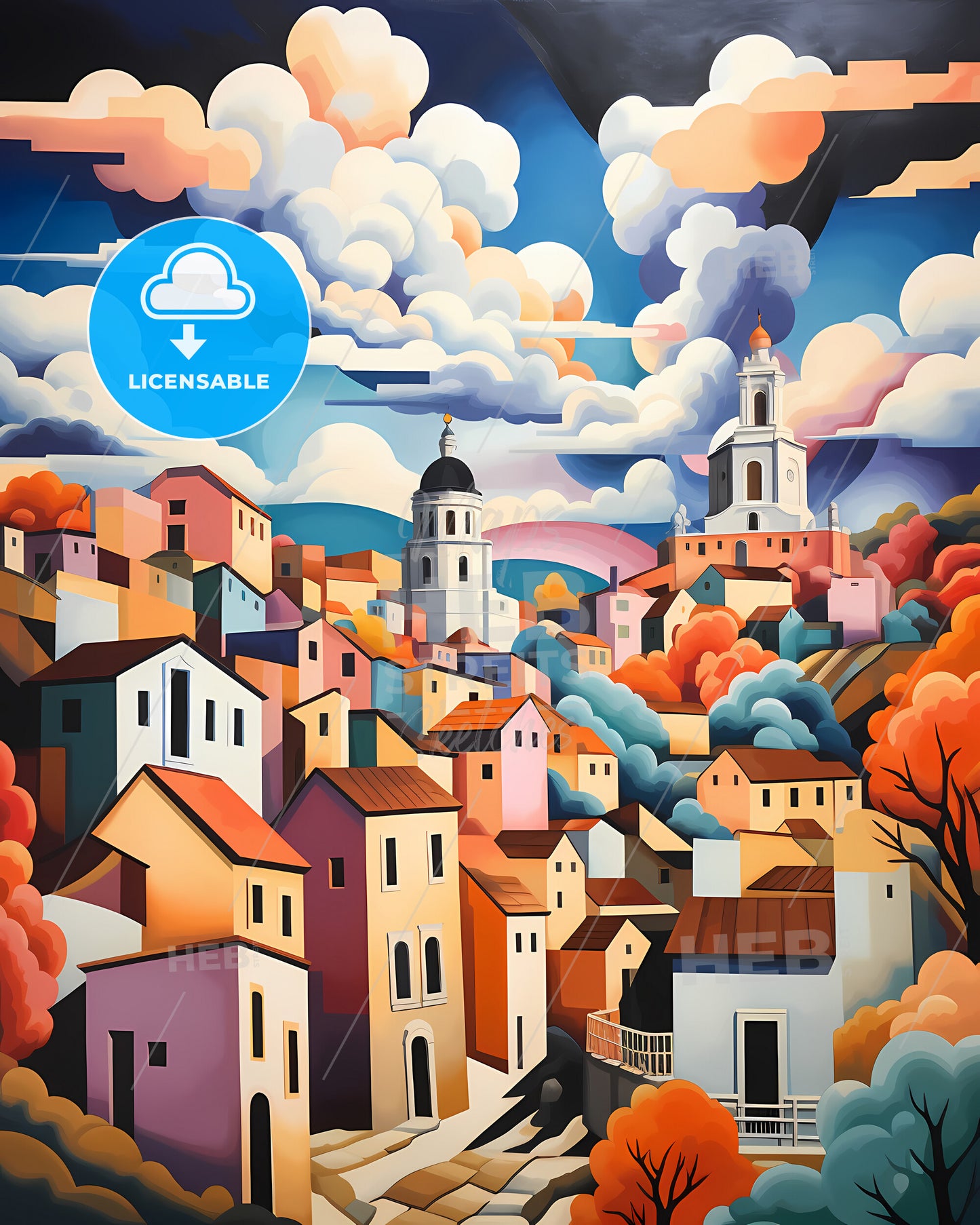 Bochum, Germany - A Painting Of A Town With Colorful Buildings And Clouds