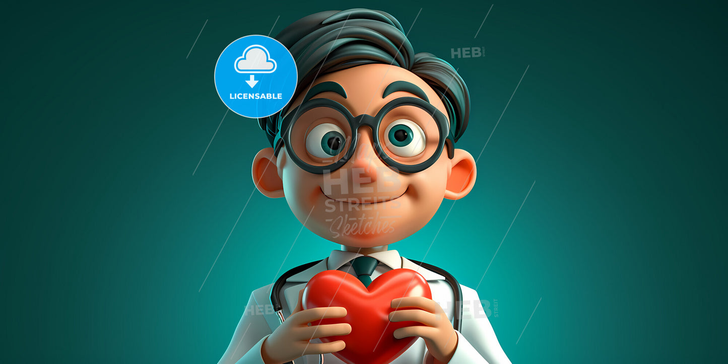 Doctor Cartoon Character Wears Uniform And Stethoscope - A Cartoon Character Holding A Heart