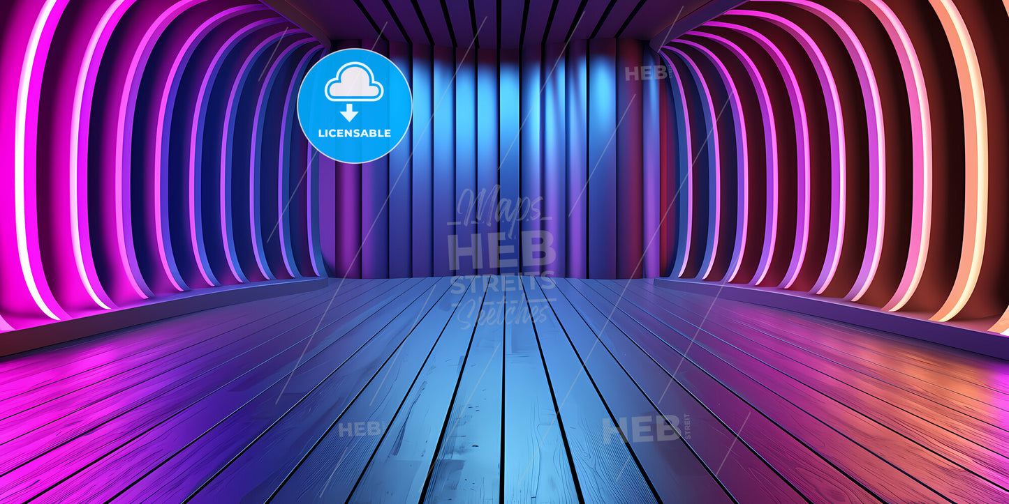 Abstract Panoramic Background Of Twisted Dynamic Blue Neon Lines Glowing In The Dark Room With Floor Reflection - A Room With Blue And Purple Lights