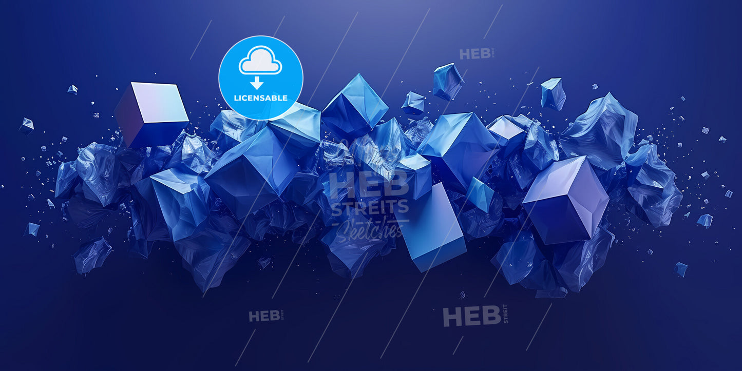 3D Render, Abstract Minimalist Blue Background With Square Geometric Shapes - A Group Of Blue Objects