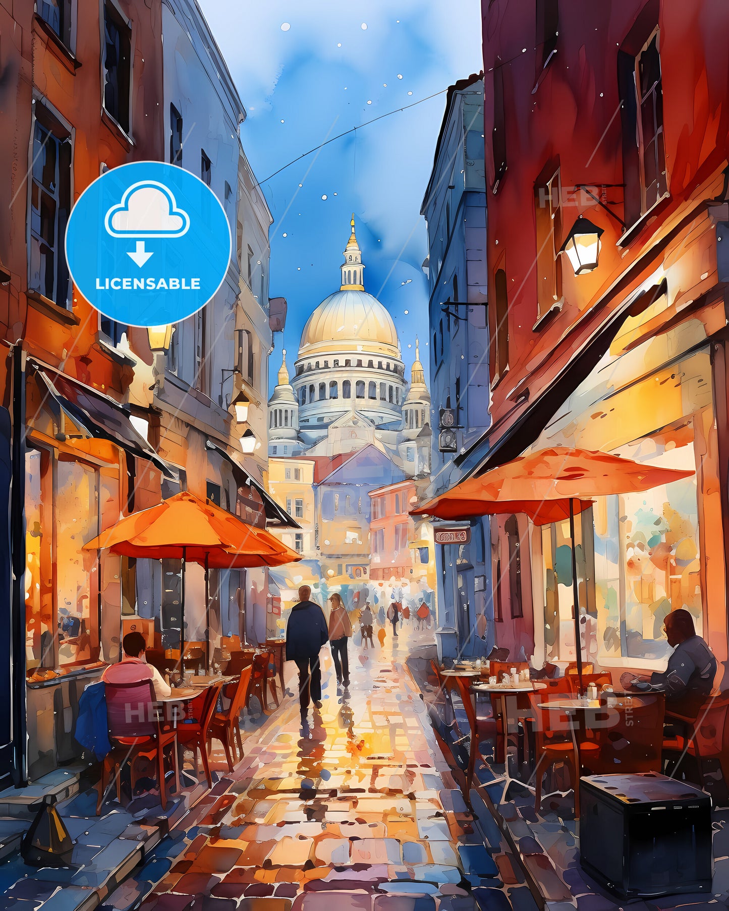 Saint Petersburg, Russia - A Watercolor Of A Street With Tables And Umbrellas